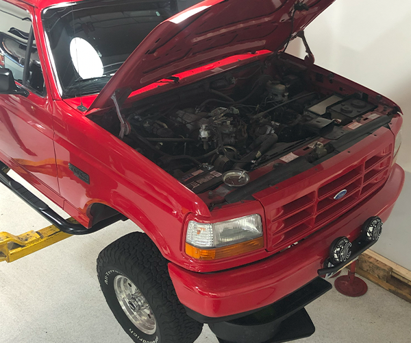 Red Ford Bronco engine bay
